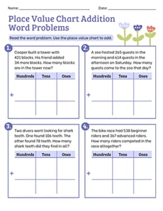 Place Value Chart Addition Word Problems