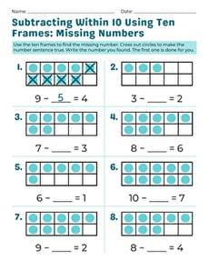 Subtract Within 10 Using Ten Frames: Missing Numbers
