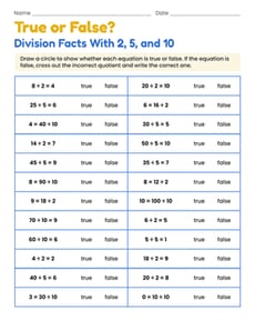 True or False? Division Facts With 2, 5, and 10