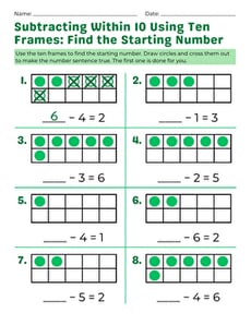 Subtracting Within 10 Using Ten Frames: Find the Starting Number