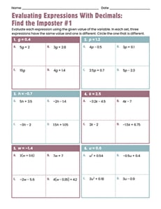 Evaluating Expressions With Decimals: Find the Imposter #1