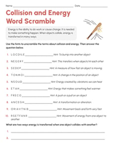 Collision and Energy Word Scramble