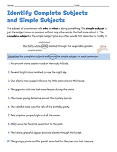 Identify Complete Subjects and Simple Subjects