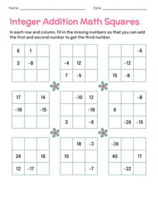 Integer Addition Math Squares