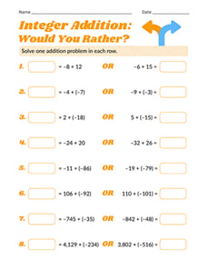 Integer Addition: Would You Rather?