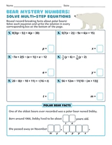 Bear Mystery Numbers: Solve Multi-Step Equations
