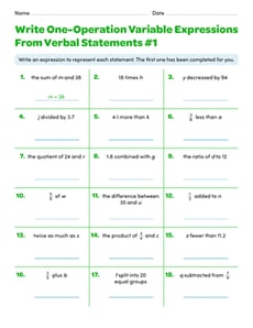 Write One-Operation Variable Expressions From Verbal Statements #1