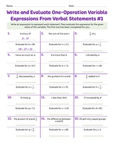 Write and Evaluate One-Operation Variable Expressions From Verbal Statements #1