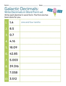 Galactic Decimals: Write Decimals in Word Form #1