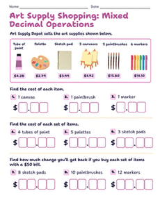 Art Supply Shopping: Mixed Decimal Operations