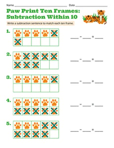 Paw Print Ten Frames: Subtraction Within 10