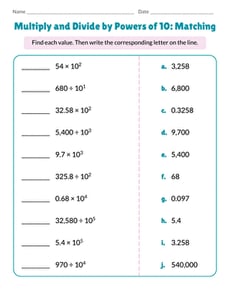 Multiply and Divide by Powers of 10: Matching
