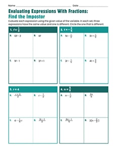 Evaluating Expressions With Fractions: Find the Impostor