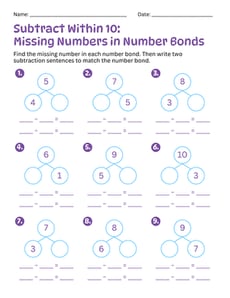 Subtract Within 10: Missing Numbers in Number Bonds