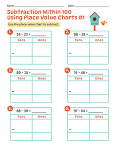 Subtraction Within 100 Using Place Value Charts #1