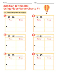 Addition Within 100 Using Place Value Charts #1