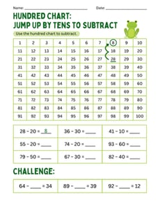 Hundred Chart: Jump Up by Tens to Subtract