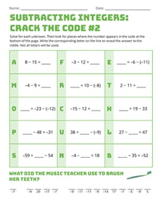 Subtracting Integers: Crack The Code #2