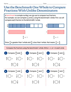 Use the Benchmark One Whole to Compare Fractions With Unlike Denominators