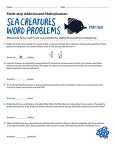 Sea Creatures Word Problems: Multi-step Addition and Multiplication