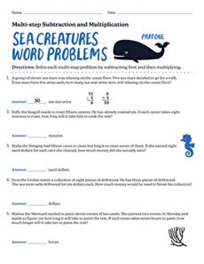 Sea Creatures Word Problems: Multi-step Subtraction and Multiplication