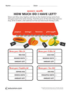 Subtraction Money Math Problems