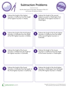 Mountains Subtraction Word Problems