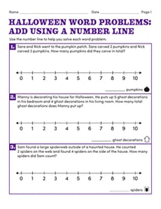 Halloween Word Problems: Add Using a Number Line