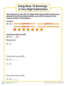 Using Base 10 Drawings in Two-Digit Subtraction