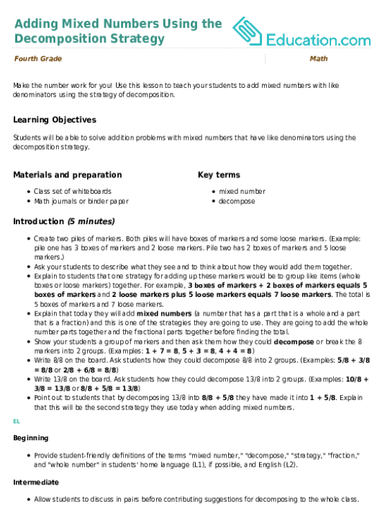 Adding Mixed Numbers Using the Decomposition Strategy
