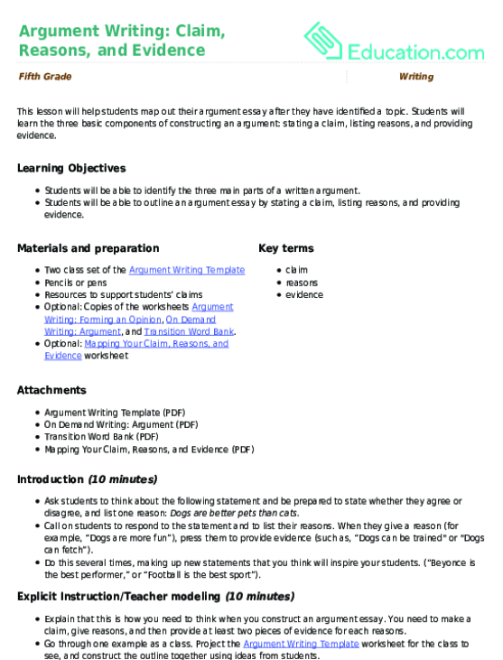 Argument Writing: Claim, Reasons, and Evidence
