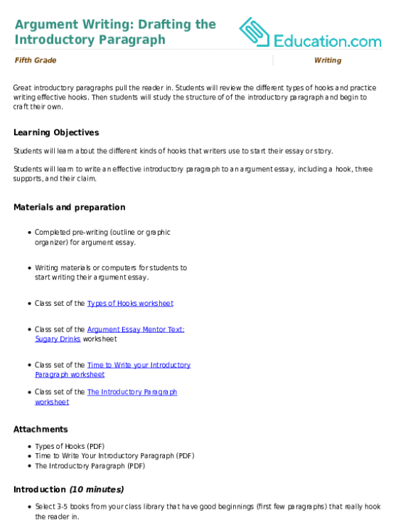 Argument Writing: Drafting the Introductory Paragraph