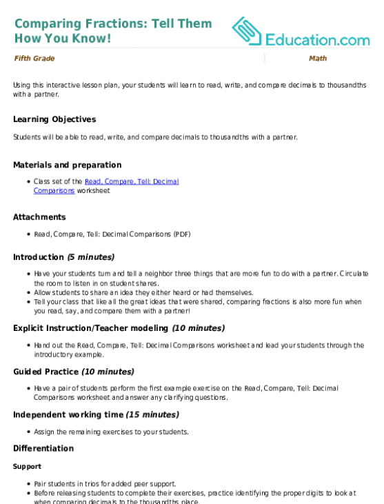Comparing Fractions: Tell Them How You Know!