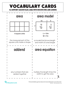Vocabulary Cards: Area with Multiplying and Adding