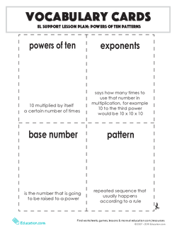 Vocabulary Cards: Powers of Ten Patterns