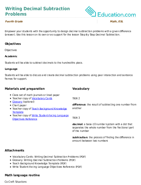 Writing Decimal Subtraction Problems
