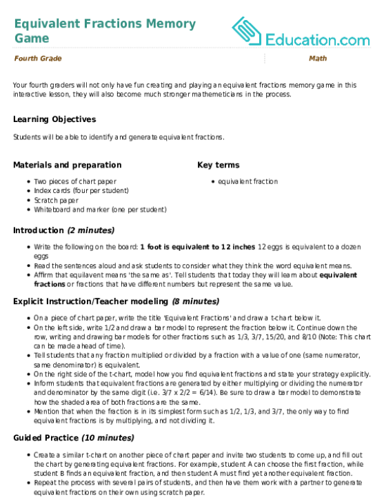 Equivalent Fractions Memory Game