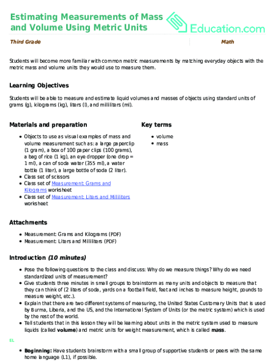 Estimating Measurements of Mass and Volume Using Metric Units