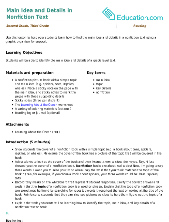 Main Idea and Details in Nonfiction Text
