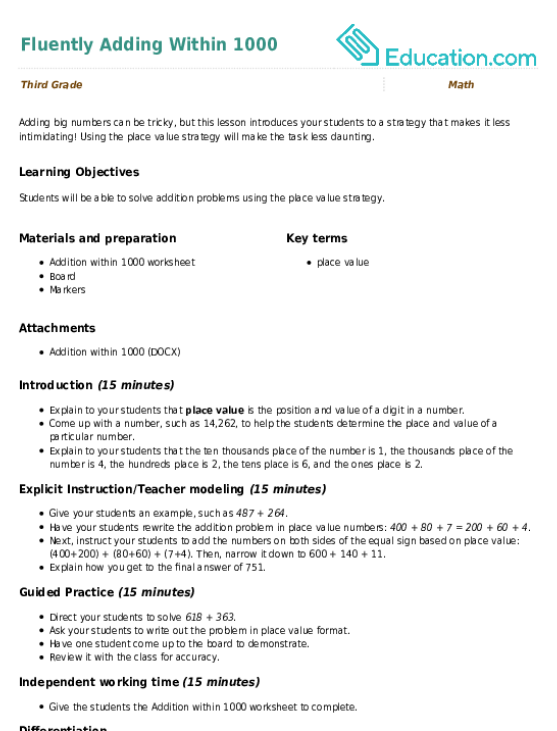 Fluently Adding Within 1000