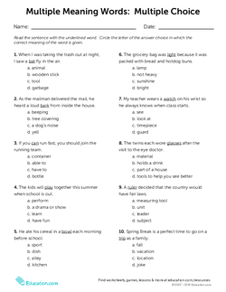 Multiple Meaning Words: Multiple Choice