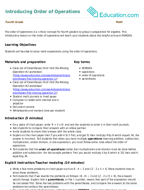 Introducing Order of Operations