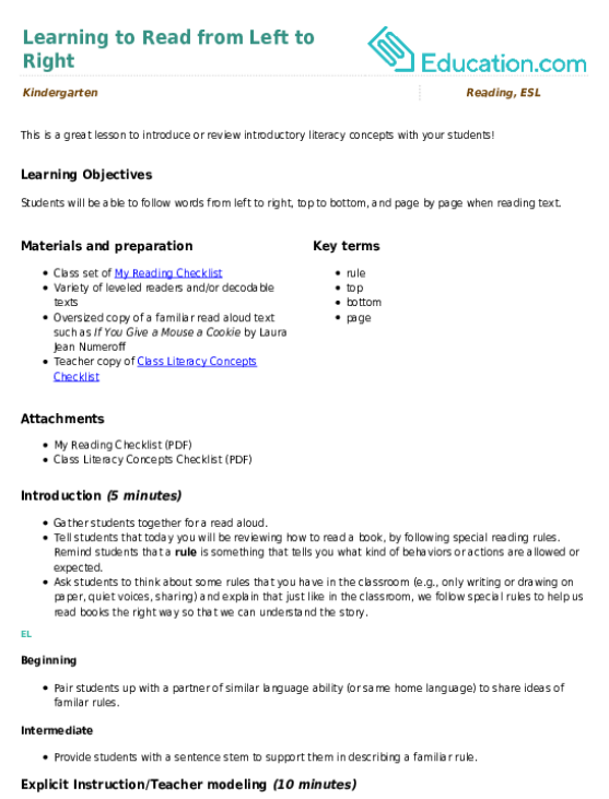 Learning to Read from Left to Right | Lesson Plan | Education.com