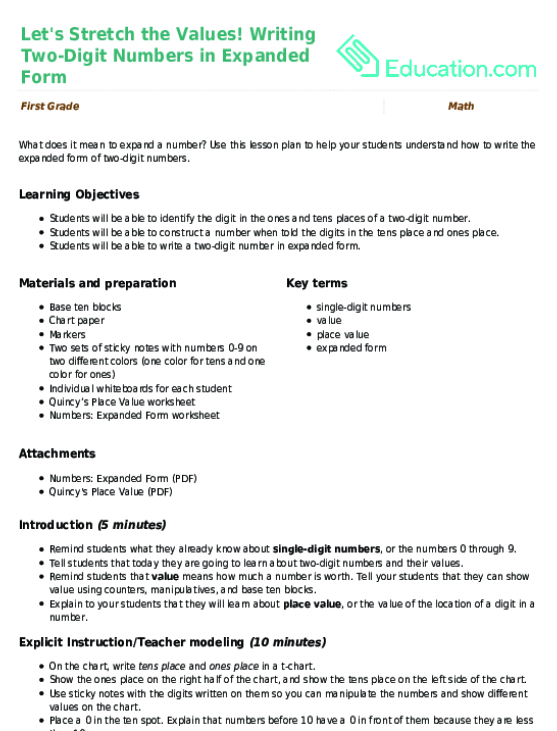 Let's Stretch the Values! Writing Two-Digit Numbers in Expanded Form