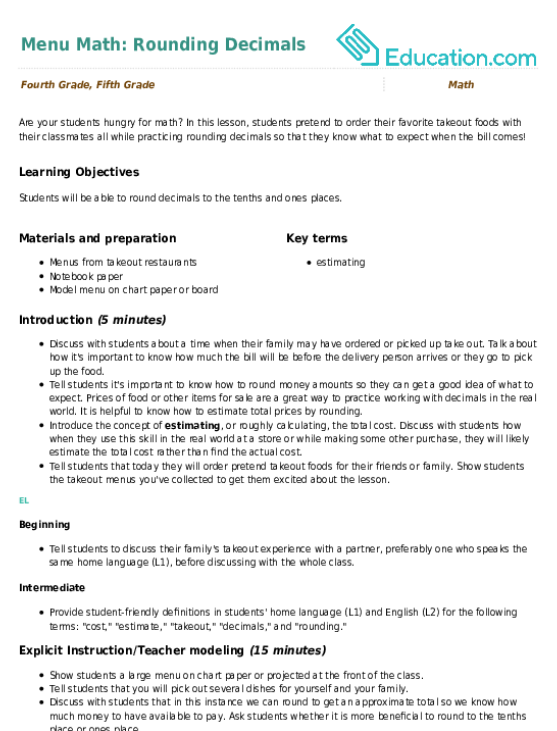 Menu Math: Rounding Decimals
