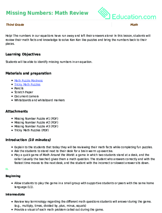 Missing Numbers: Math Review
