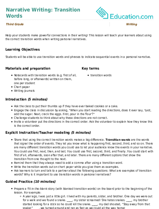 Narrative Writing: Transition Words