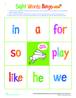 Pre-Kindergarten Sight Words Bingo