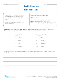 Prefix Practice: Dis- Non- Un- 