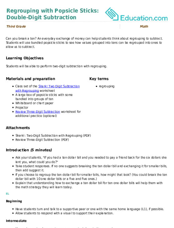 Regrouping with Popsicle Sticks: Double-Digit Subtraction